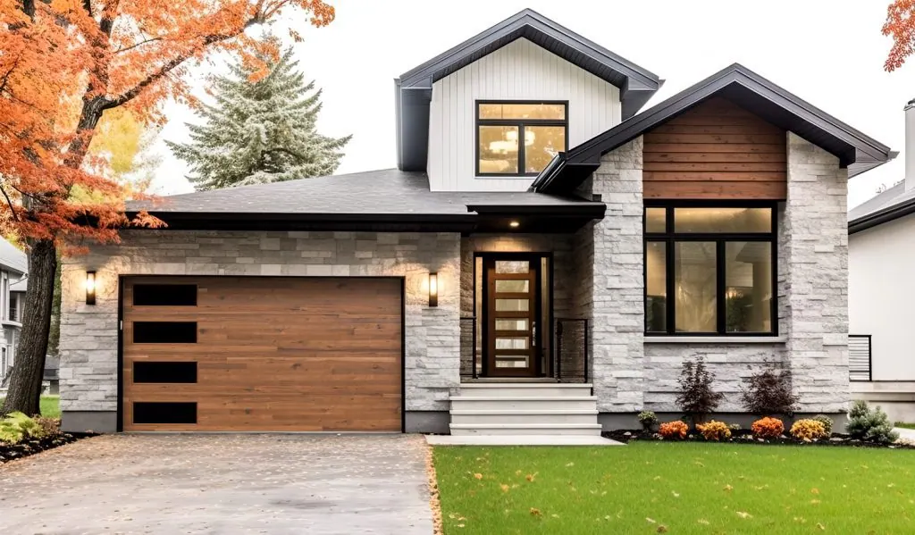 Safe-Way Plank Wood Grain garage door on a modern home