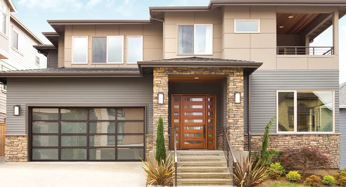 Bronze Powder Coated | Satin Etched Glass Garage Door