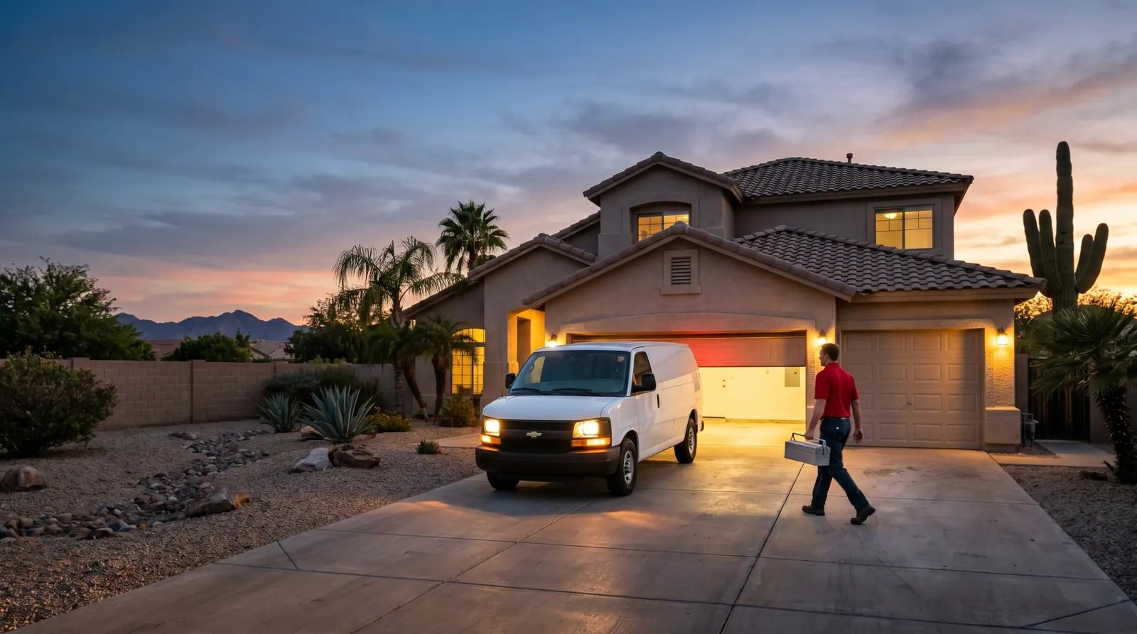 24/7 Emergency Garage Door Repair — Farnsworth Garage Door Service, Mesa & East Valley Emergency garage door repair in Mesa and the East Valley — Farnsworth Garage Door Service technician responding to a stuck garage door at night in Arizona