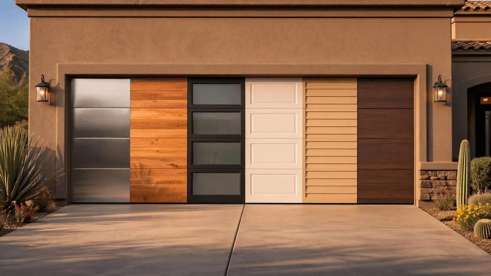 Arizona homeowner comparing garage door material samples — steel, wood, and aluminum — in front of a residential garage in warm daylight