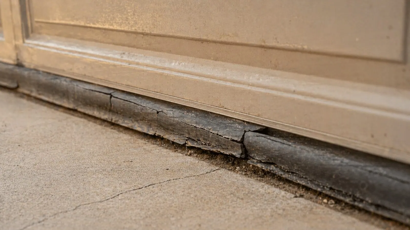 Close-up of a cracked, sun-baked garage door bottom weather seal on an Arizona home — Farnsworth Garage Door Service maintenance reference