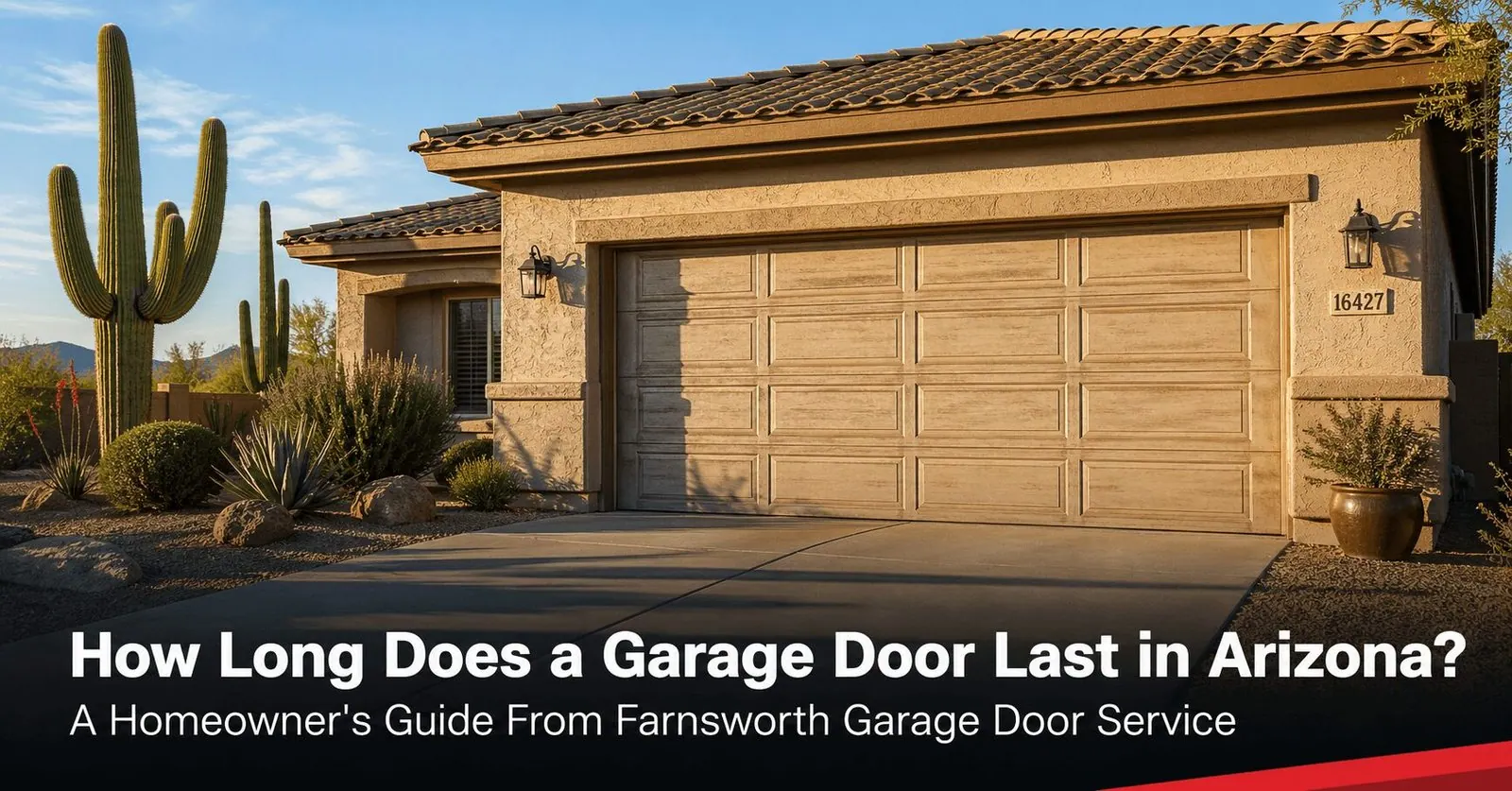 How Long Does a Garage Door Last in Arizona? — Farnsworth Garage Door Service Sun-faded garage door on an East Valley Arizona stucco home — Farnsworth Garage Door Service guide to how long garage doors last in Arizona