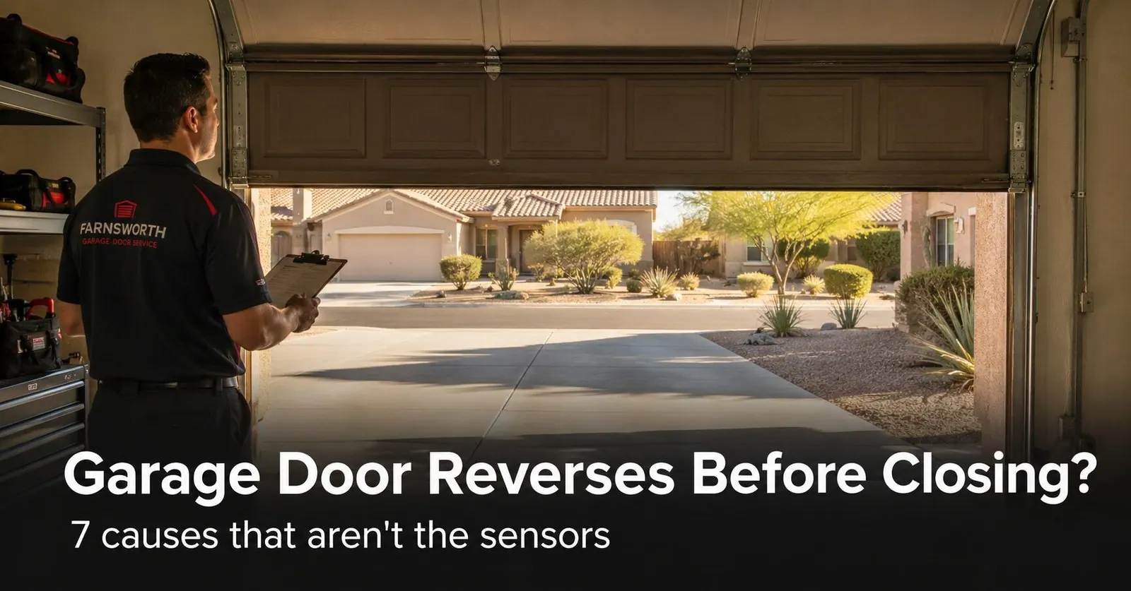 Why Does My Garage Door Reverse Before It Closes? 7 Causes That Aren't the Sensors | Farnsworth Garage Door Service A garage door near the bottom of its travel on an East Valley Arizona home, captured mid-reverse, with a uniformed Farnsworth technician watching the door from inside the garage.