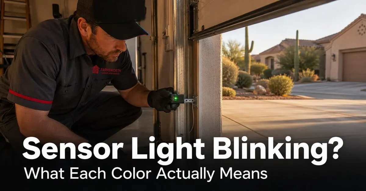 A close-up of a garage door safety sensor mounted near the floor of an East Valley Arizona home, with a small blinking LED visible and a technician's gloved hand reaching to align the bracket.