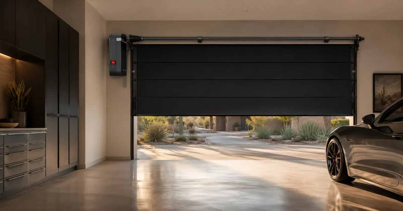 Modern Garage Door Trends in Scottsdale: What North Valley Homes Are Choosing in 2026 | Farnsworth Garage Door Service Modern Scottsdale garage interior featuring a sleek wall-mounted LiftMaster jackshaft opener and a clean flush-panel matte-black garage door — Farnsworth Garage Door Service modern garage door trends guide.