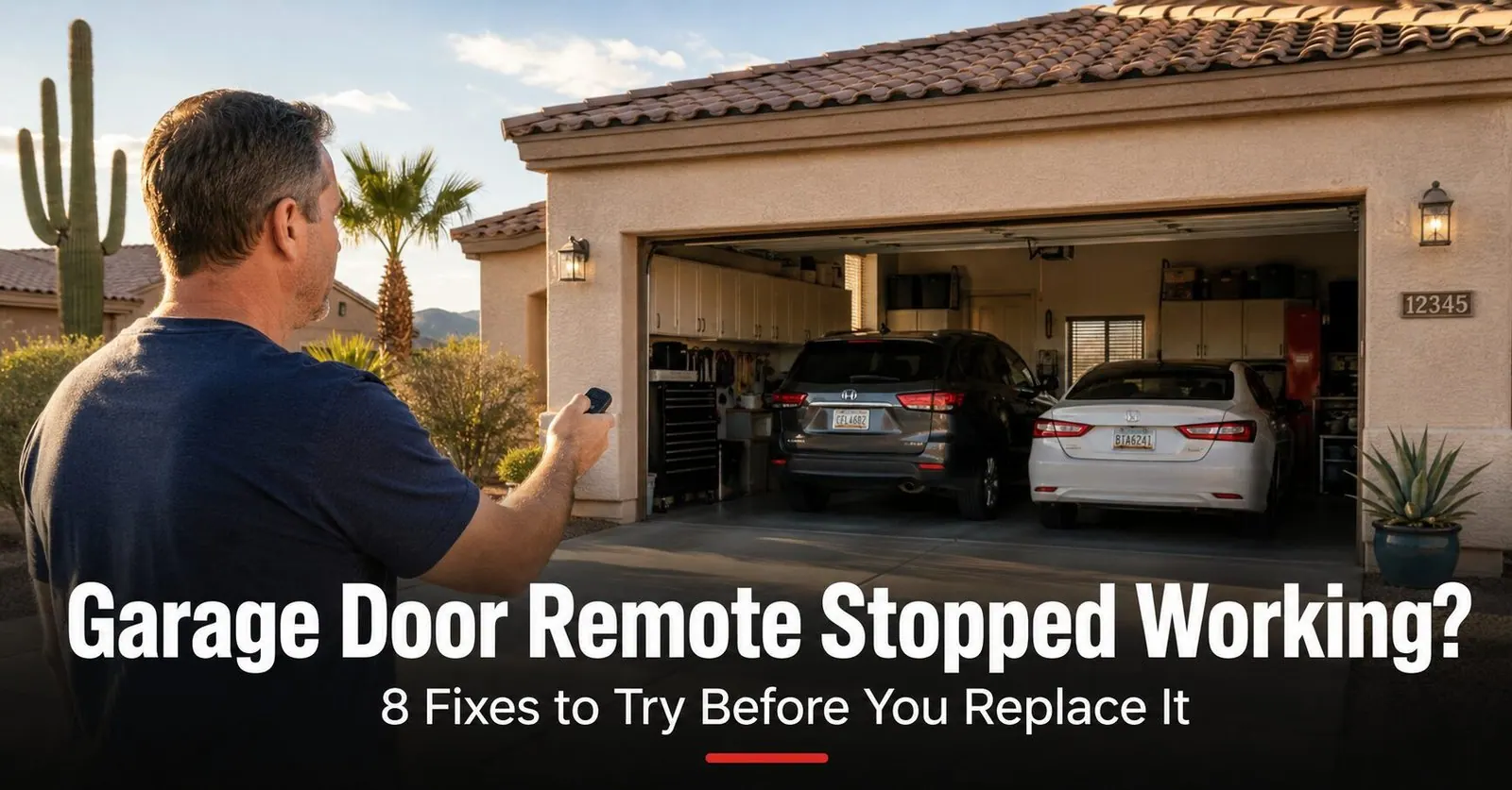 Garage Door Remote Stopped Working? 8 Fixes to Try Before You Replace It | Farnsworth Garage Door Service A homeowner in a driveway pressing a garage door remote that won't work, with an East Valley Arizona stucco home and open garage in the background.