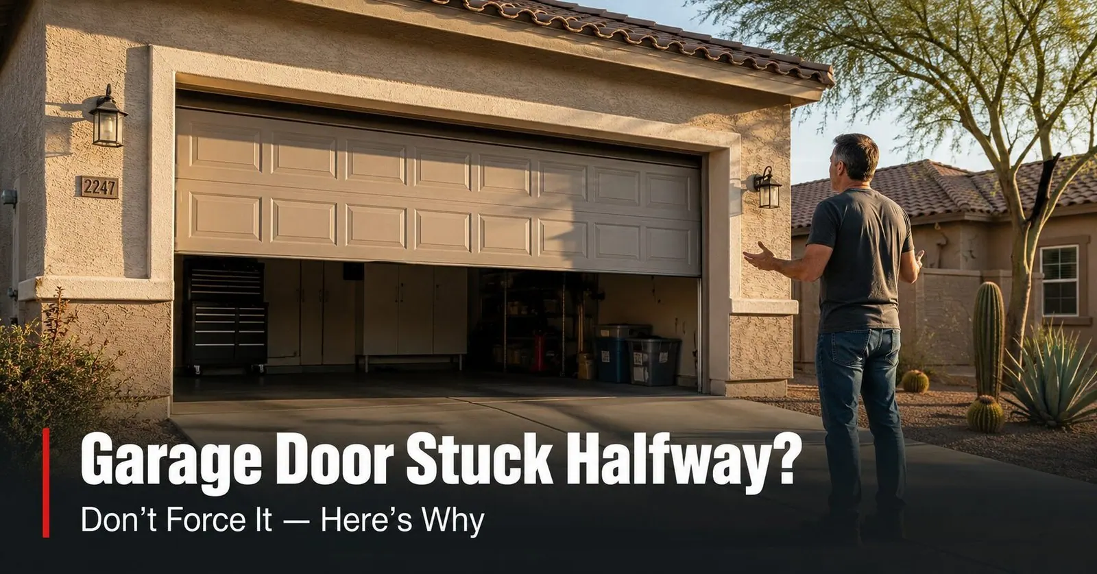 Garage Door Stuck Halfway: Is It Safe to Force It Down? | Farnsworth Garage Door Service A residential garage door stopped partway open on an East Valley Arizona stucco home in warm late-afternoon light, with a homeowner standing back to assess it.