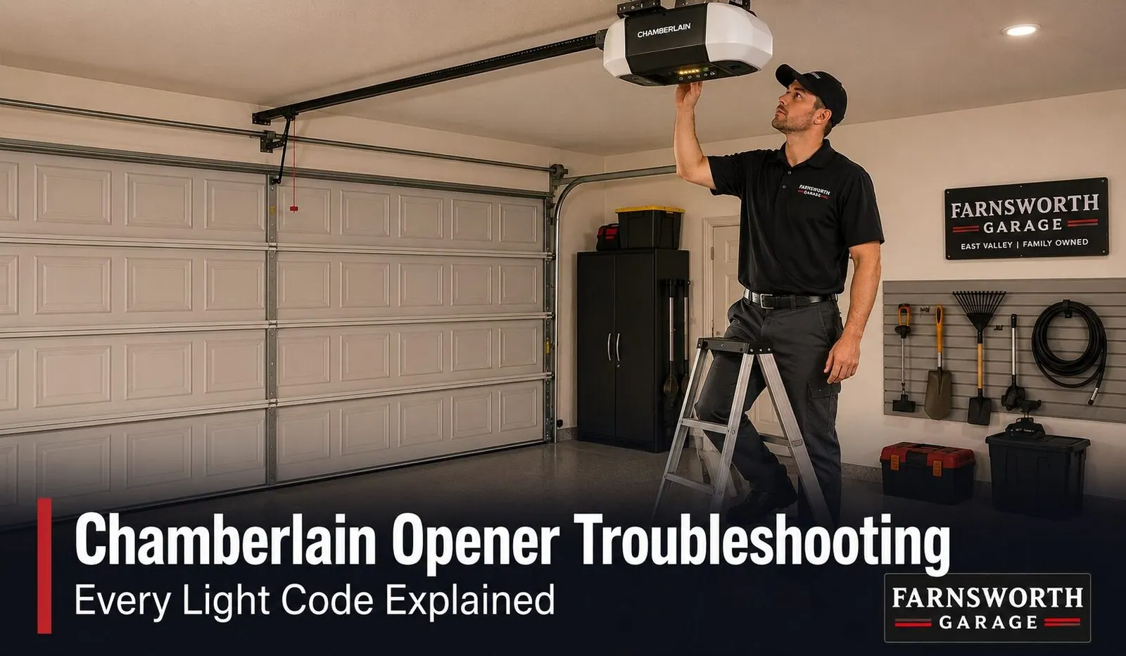 Chamberlain Garage Door Opener Troubleshooting: Every Light Code Explained | Farnsworth Garage Door Service A homeowner standing on a step stool reading the blinking diagnostic LED on a Chamberlain garage door opener motor unit in a stucco East Valley Arizona garage in warm afternoon light.