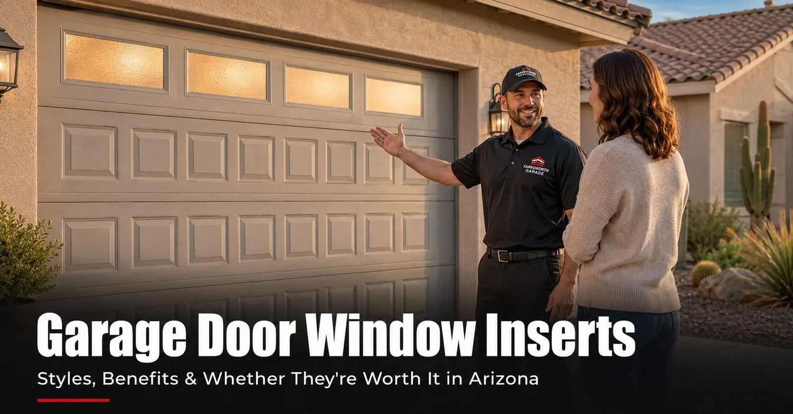 Garage Door Window Inserts: Styles, Benefits & Whether They're Worth It | Farnsworth Garage Door Service A modern East Valley Arizona stucco home with a sectional garage door featuring a row of frosted window inserts across the top section, glowing warmly in late-afternoon desert light.