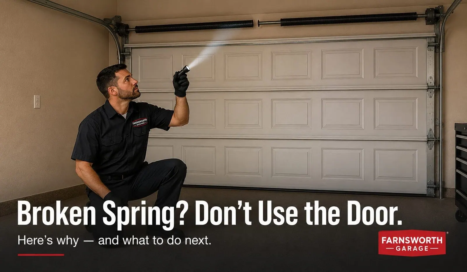 Is It Safe to Use My Garage Door If a Spring Is Broken? | Farnsworth Garage Door Service A broken torsion spring with a clear gap in the coils above a residential garage door on a stucco East Valley Arizona home, illustrating why it is not safe to use a garage door with a broken spring.