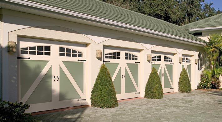 Amarr by Design Lowry with Seeded Glass Windows and Cambridge Handles and Strap Hinges, Custom Painted by Homeowner.