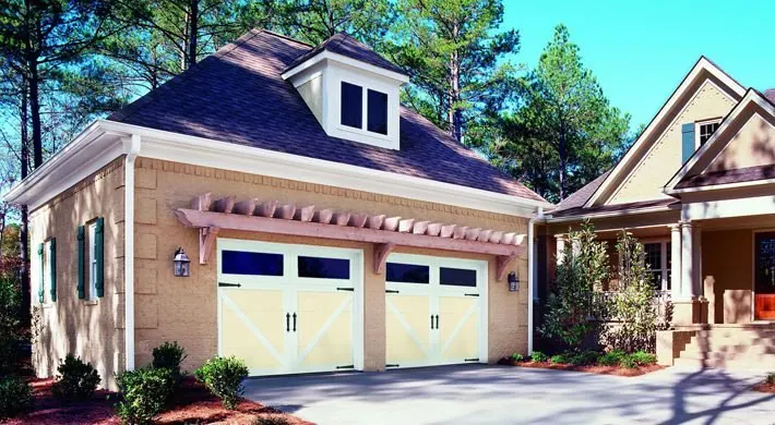 Kensington design in Almond/White with Clear Square windows and Blue Ridge decorative hardware.